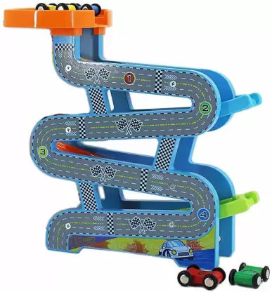 Wooden Magnetic Four Racetrack Viaduct Racing car Train Tracks Educational Toys with 4 Mini Cars for Girls Boys  (Multicolor, Pack of: 1) | WT-YDL155