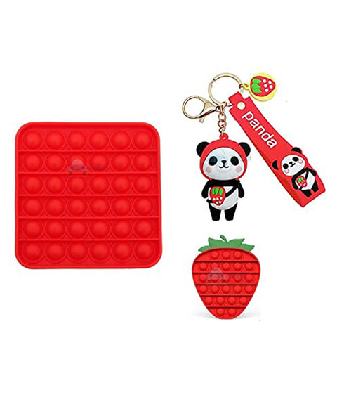 Sqaure & Strawberry Shape Pop it Fidget Toys Big with Key chain Pack of 3 - Multicolor | MB-0311