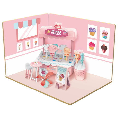 DIY Ice Cream Shop Wooden Doll House with Plastic Furniture | 008695