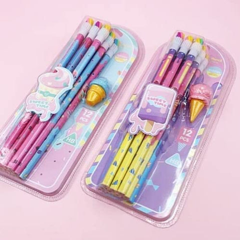 Sweet Time 13-in-1 Pencil Set Stationery Set - 12 HB Pencils & Soft Ice Cream Eraser | MC121206-E