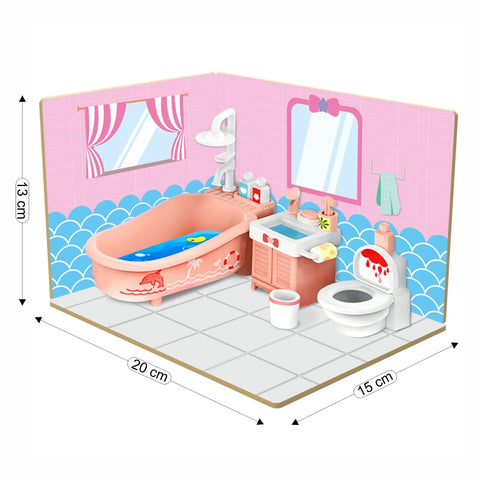 DIY Bath Room Wooden Doll House with Plastic Furniture | 008718