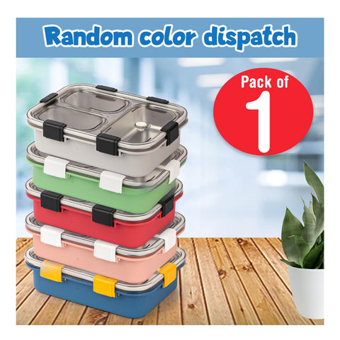 Stainless Steel Lunch Box with Steel Spoon Fork and Chopstick (Color May Vary) | GBR-764