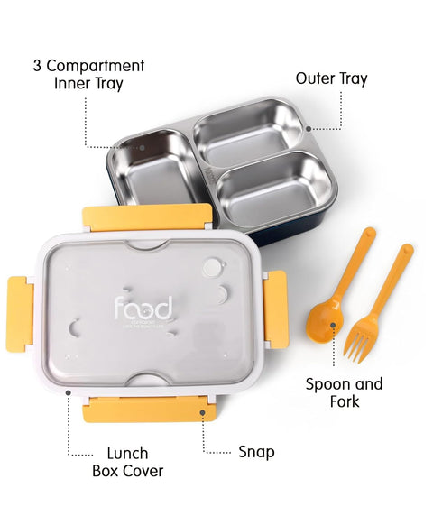 3 Compartment Stainless Steel Tiffin Box with Fork/Spoon | 750 ml | MD-8859L | MULTICOLOR