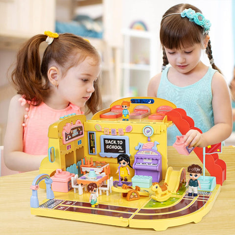 Portable School Bus Building Kit Dolls Pretend Play Vehicle with Stair | G0020