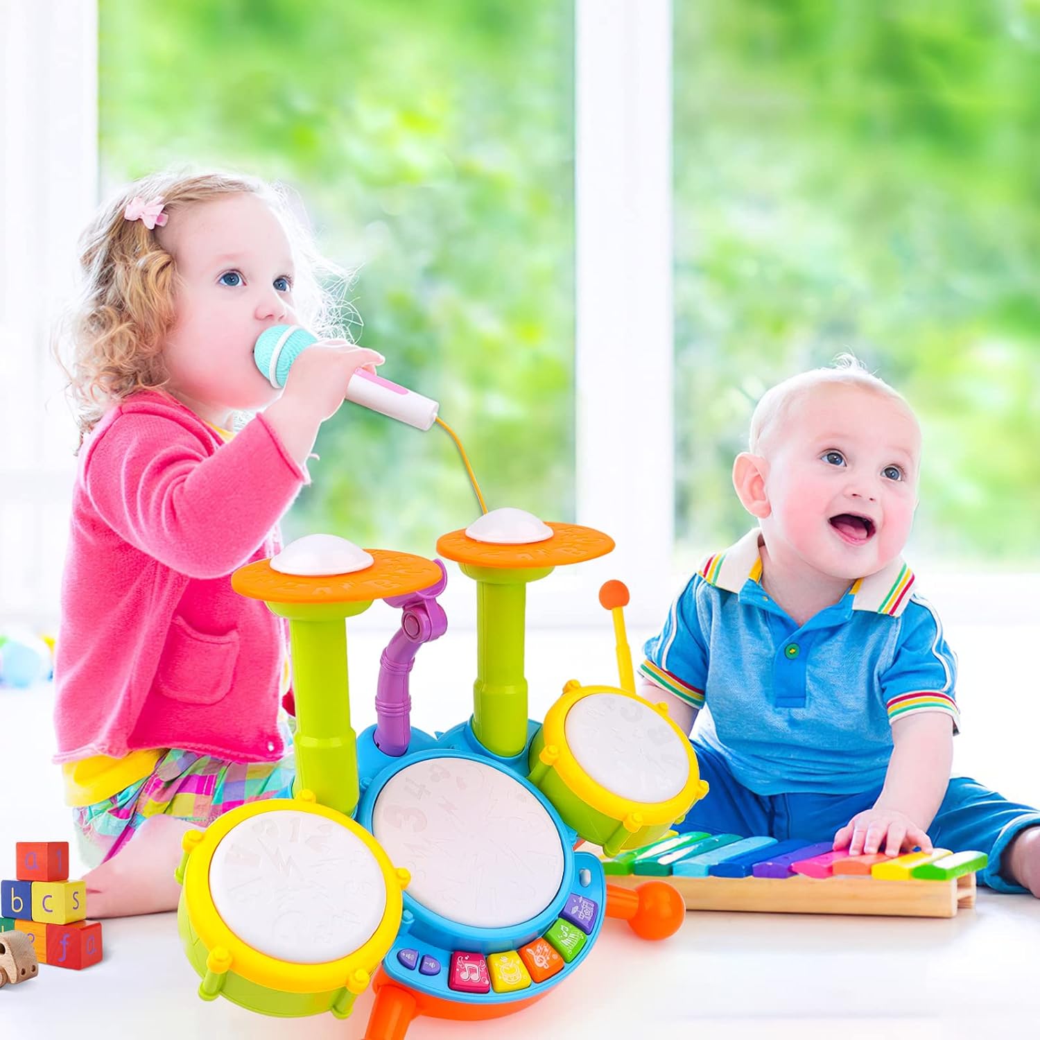 Kids Praise Instruments Percussion Set for Beginners, with 3 Drums and Microphone | NECY6002B ...