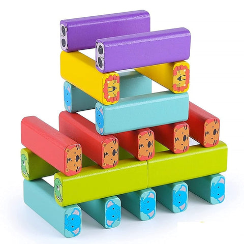 54 Pcs 4 Dice Challenging Wooden Blocks Tumbling Stacking Block Game(Animal) | WT-198