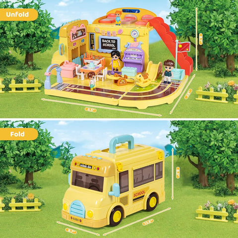 Portable School Bus Building Kit Dolls Pretend Play Vehicle with Stair | G0020