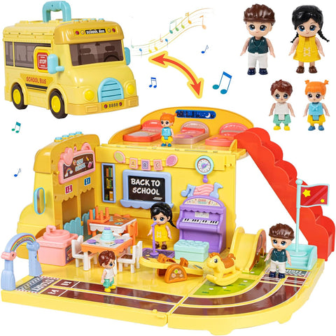 Portable School Bus Building Kit Dolls Pretend Play Vehicle with Stair | G0020