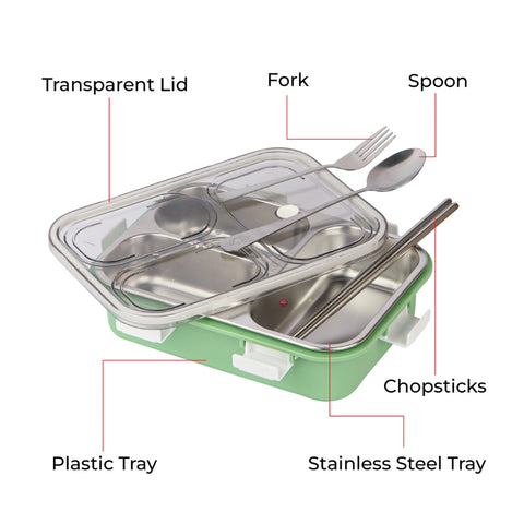 Stainless Steel Lunch Box with Steel Spoon Fork and Chopstick (Color May Vary) | GBR-764