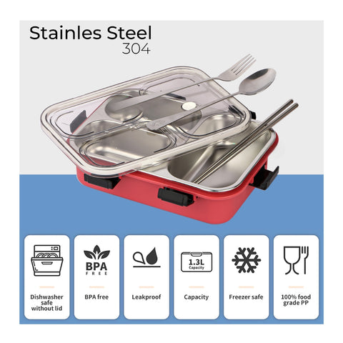 Stainless Steel Lunch Box with Steel Spoon Fork and Chopstick (Color May Vary) | GBR-764
