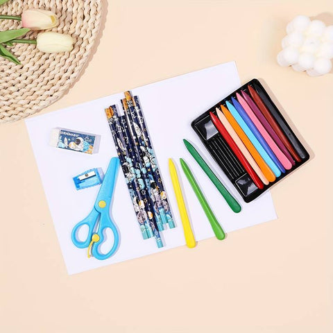 1 Set- 6pcs Pencil 12pcs Crayon 1pcs Scissors 1pcs Eraser 1pcs Pencil Sharpener 1pcs Blank Drawing Book For Coloring | GBT-D/T-8857A