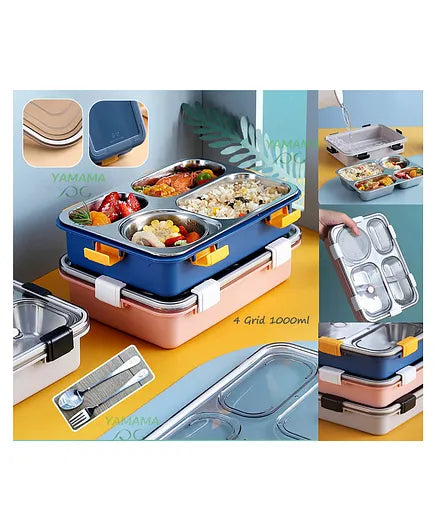 4 Grid Insulated Stainless Steel Lunch Box With Separate Bowl With Lid (Colour May Vary)