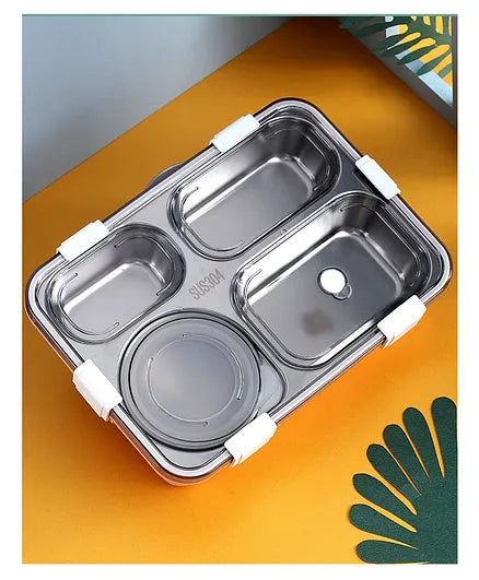 4 Grid Insulated Stainless Steel Lunch Box With Separate Bowl With Lid (Colour May Vary)