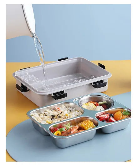 4 Grid Insulated Stainless Steel Lunch Box With Separate Bowl With Lid (Colour May Vary)