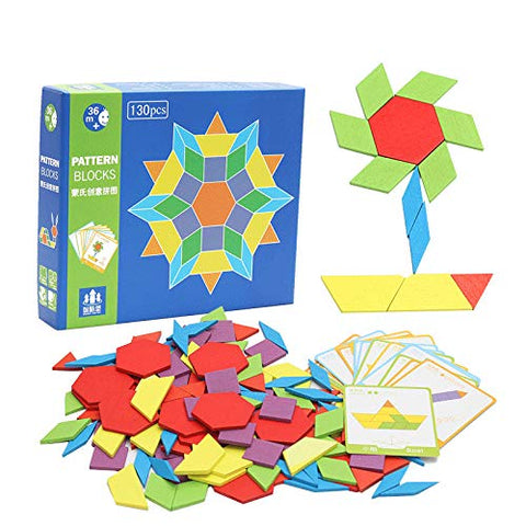 130 Pcs Wooden Pattern Blocks - Geometric Shape Wooden Blocks with 24 Design Flash Cards | WT-ZKB889 WOODEN TOYS