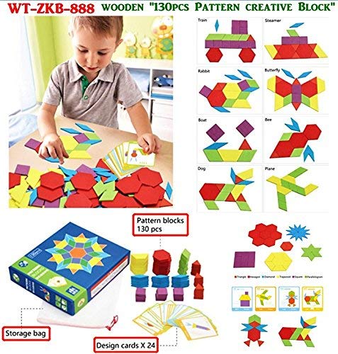 130 Pcs Wooden Pattern Blocks - Geometric Shape Wooden Blocks with 24 Design Flash Cards | WT-ZKB889 WOODEN TOYS
