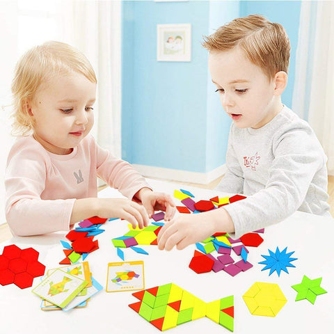 130 Pcs Wooden Pattern Blocks - Geometric Shape Wooden Blocks with 24 Design Flash Cards | WT-ZKB889 WOODEN TOYS
