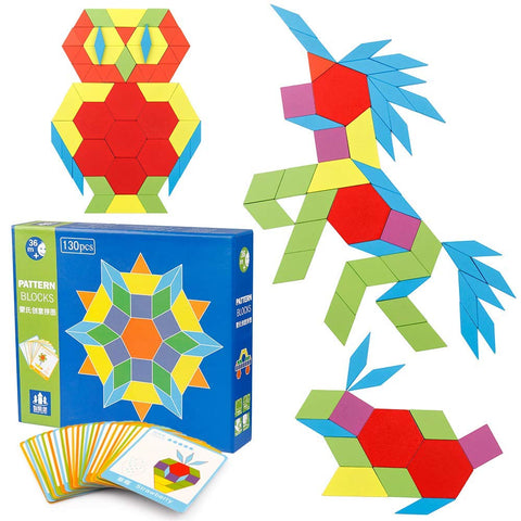 130 Pcs Wooden Pattern Blocks - Geometric Shape Wooden Blocks with 24 Design Flash Cards | WT-ZKB889 WOODEN TOYS