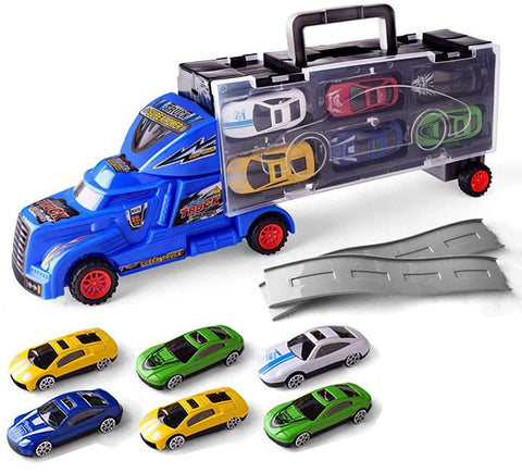 Big Transporter Storage Parking Truck with 6 Metal Alloy Minicars | LOJH933-10 TOY CAR 6 TRUCK SET
