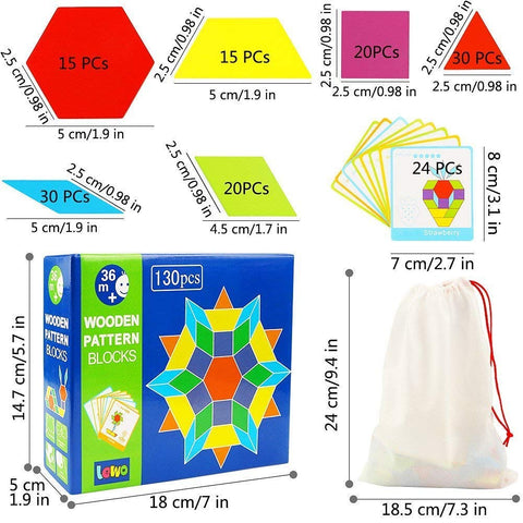 130 Pcs Wooden Pattern Blocks - Geometric Shape Wooden Blocks with 24 Design Flash Cards | WT-ZKB889 WOODEN TOYS